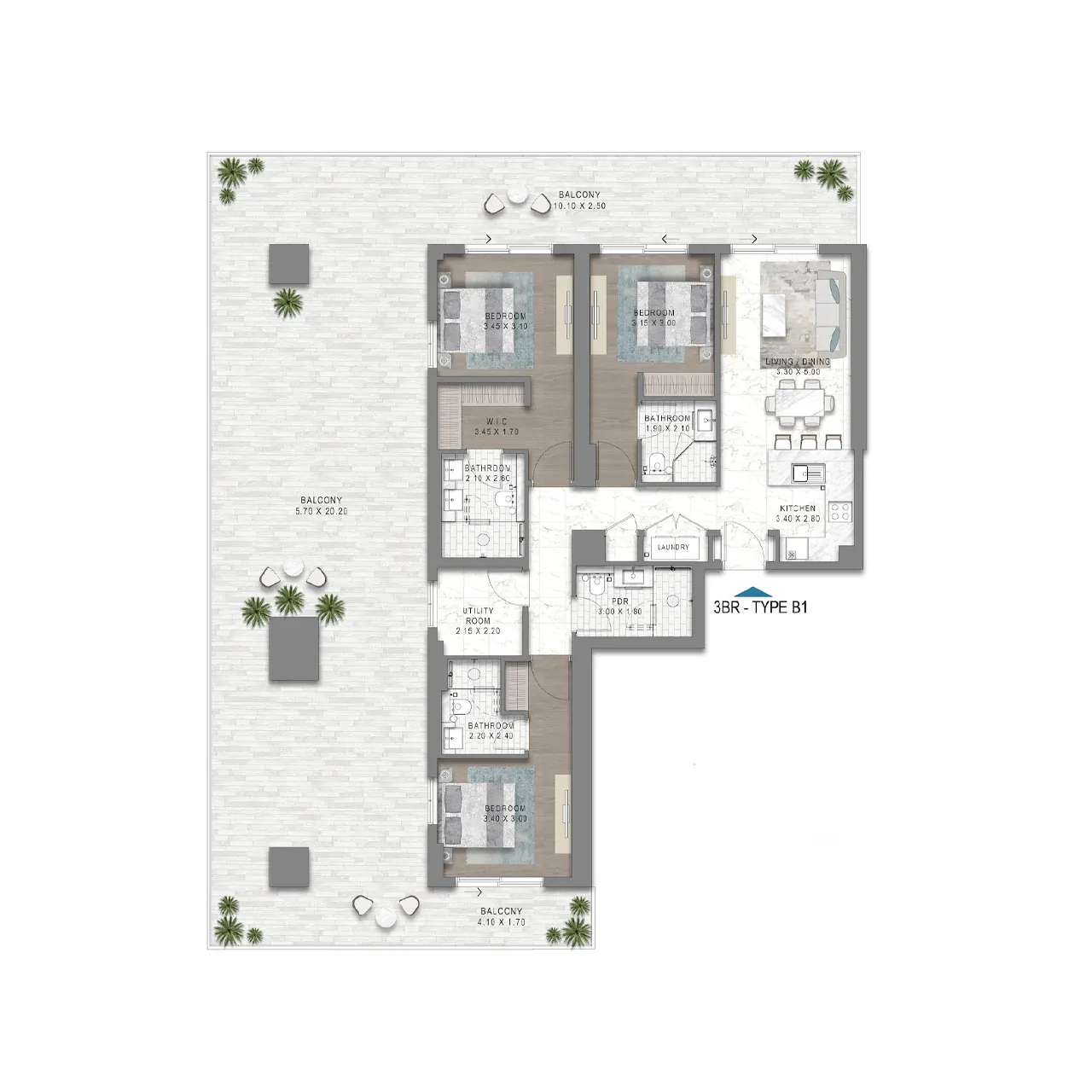 3 bedrooms Apartment - Floor 1