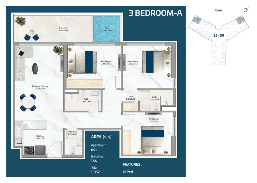 3 bedrooms Apartments - Floor 1